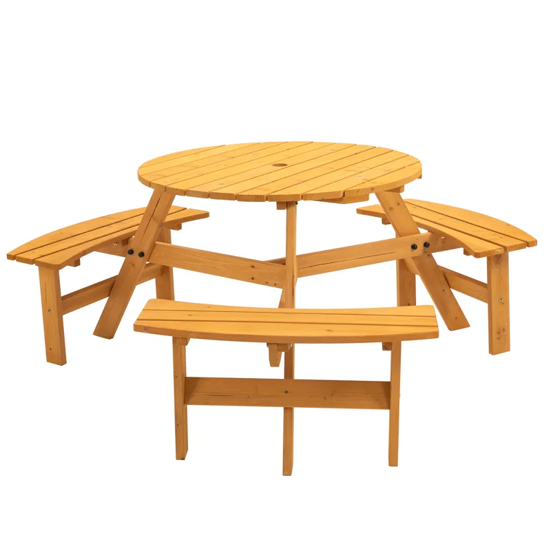 6 Person Circular Outdoor Wooden Picnic Table For Patio, Backyard, Garden, Diy With 3 Built-In Bench