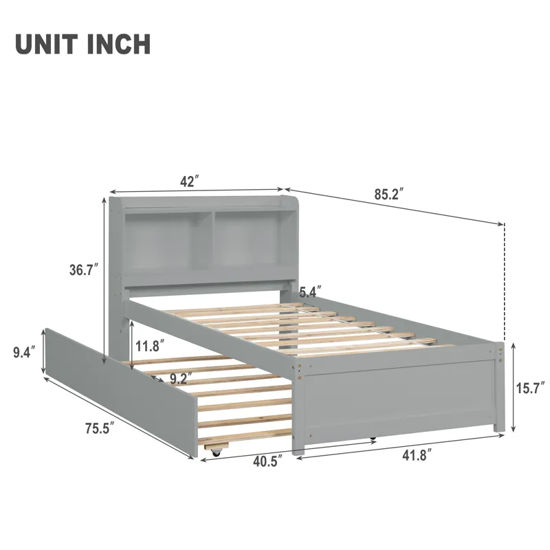Twin Bed With Trundle, Bookcase - Gray