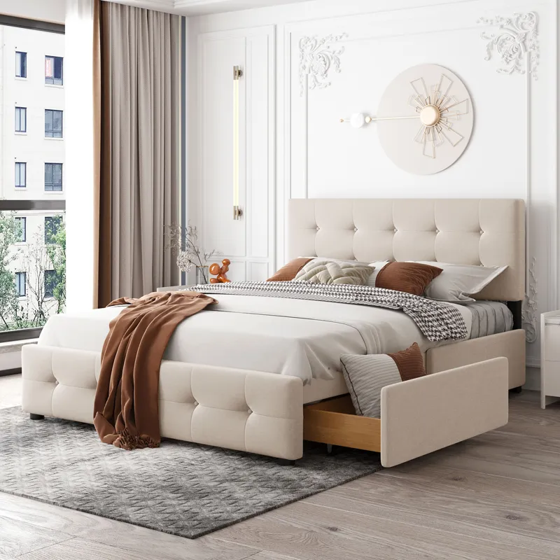 Queen Size Upholstered Platform Bed With Classic Headboard And 4 Drawers, No Box Spring Needed - Bei