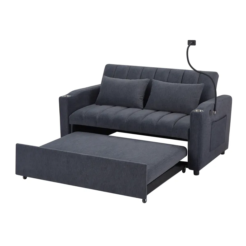 Convertible Sofa Bed Loveseat Sofa With Three USB Ports, Two Side Pockets, Two Cup Holders And 360° 
