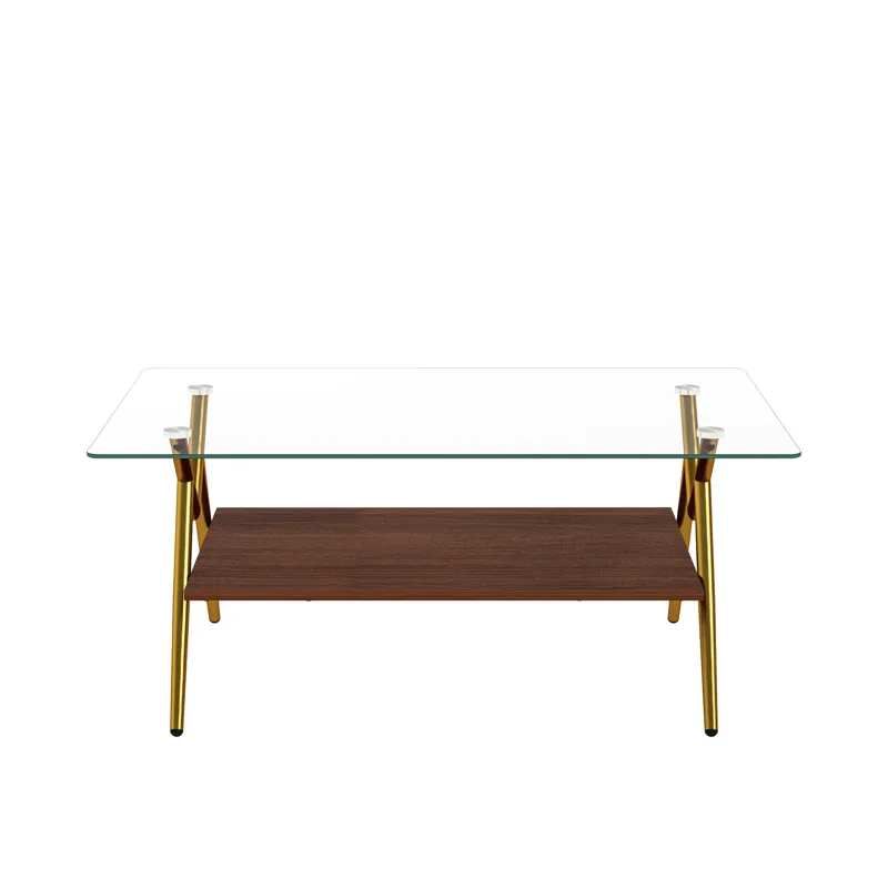 Rectangle Coffee Table With Tempered Glass Top And Golden Metal Legs, Modern Table For Living Room, 