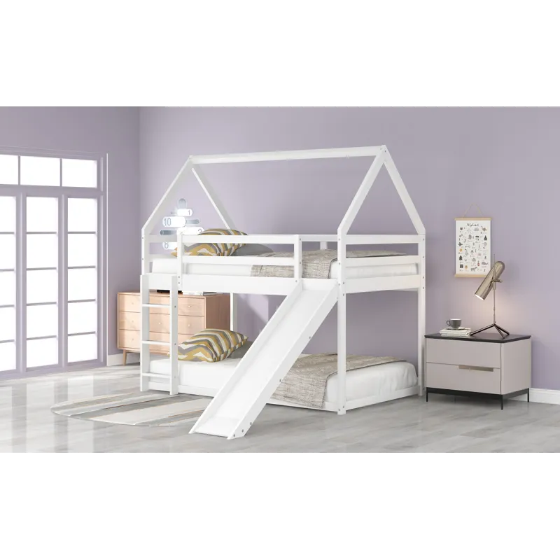 Twin Size Bunk House Bed With Slide And Ladder - White