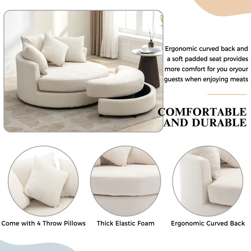 360° Swivel Accent Barrel Chair With Storage Ottoman & 4 Pillows, Modern Chenille Leisure Chair Round Accent For Living Room - Cream