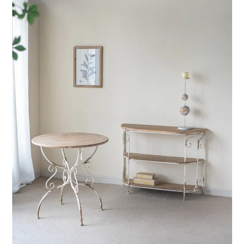 Three Tiered White Wooden Shelving Unit With Ornate Iron Frame - Multicolor