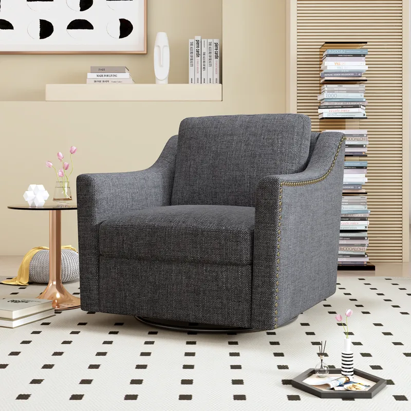 360 Degree Swivel Armchair Cotton Linen Skin-Friendly Fabric Ergonomic Design Brass Nail Decorative 