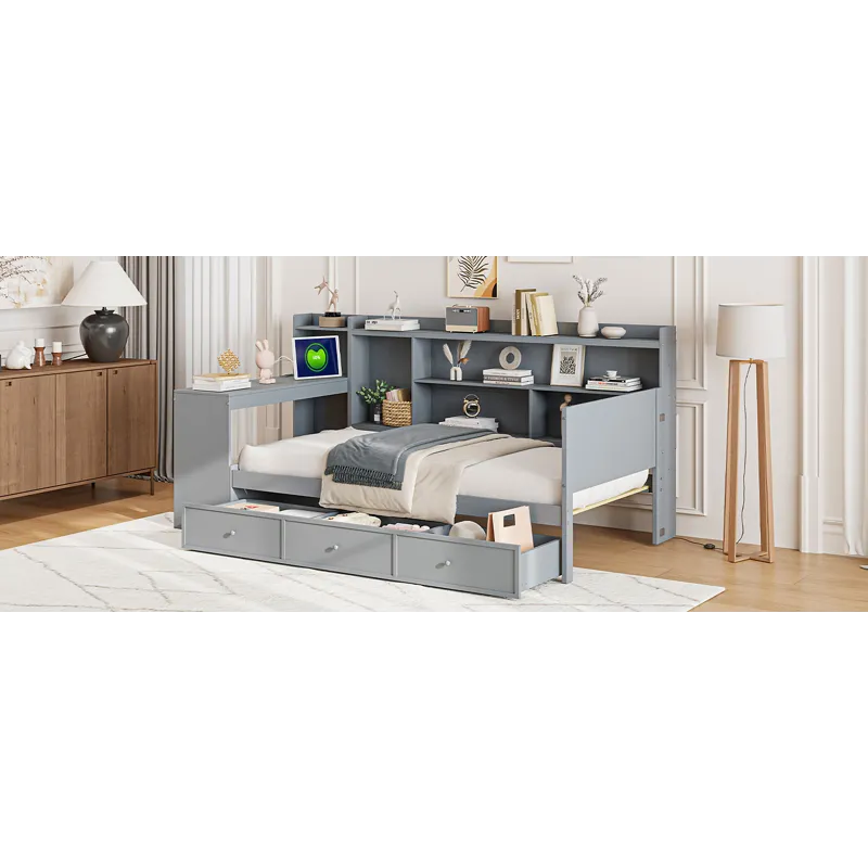 Twin Size Wooden Daybed With 3 Drawers, USB Ports And Desk - Gray