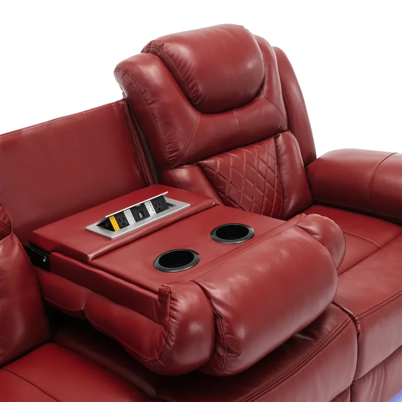 Home Theater Seating Manual Recliner Chair With Center Console And Led Light Strip For Living Room -