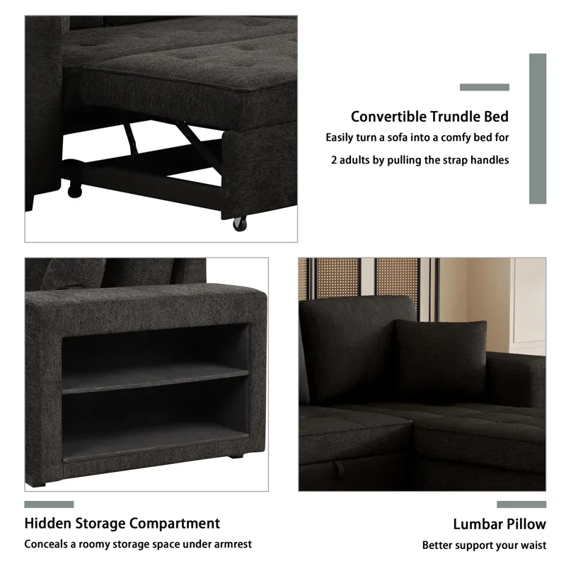 Modern L-Shape 3 Seat Reversible Sectional Couch, Pull Out Sleeper Sofa With Storage Chaise And 2 St