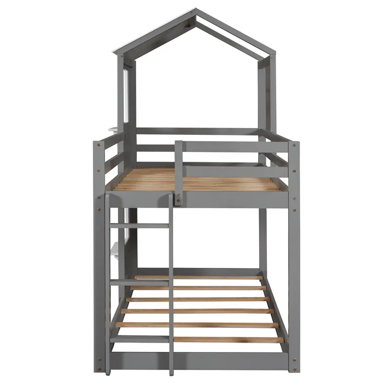 Twin Over Twin Bunk Bed Wood Bed With Roof, Window, Guardrail, Ladder - White