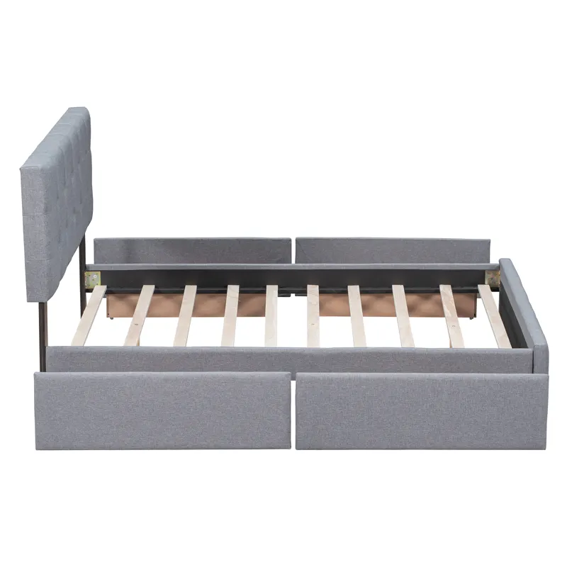 Queen Size Upholstered Platform Bed With Classic Headboard And 4 Drawers, No Box Spring Needed - Lig