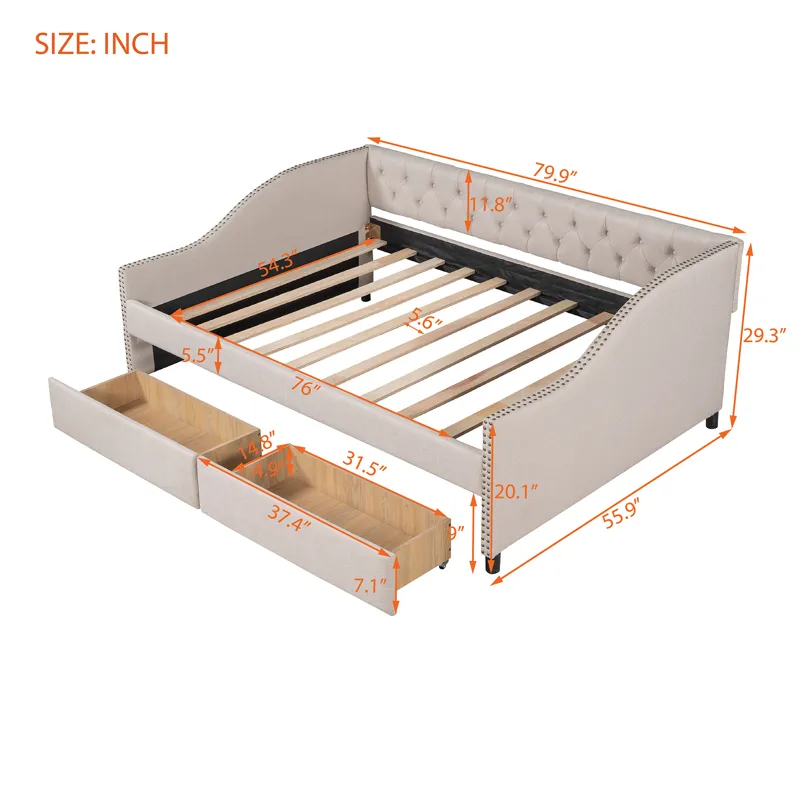 Full Size Upholstered Daybed With Two Drawers, Wood Slat Support - Beige