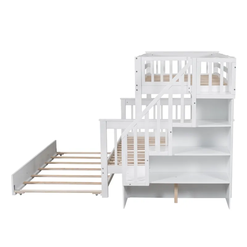 Twin Over Full Bunk Bed With Twin Size Trundle, Storage And Guard Rail For Bedroom, Dorm, For Adults