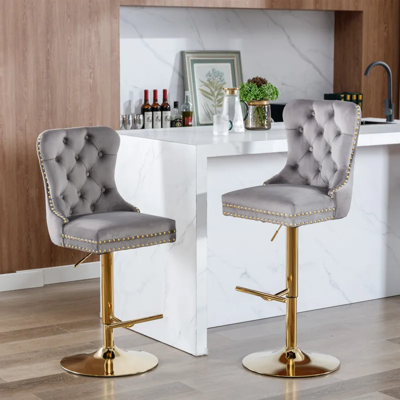 Thick Golden Swivel Velvet Barstools Adjusatble Seat Height From 25-33\", Modern Upholstered Bar Sto