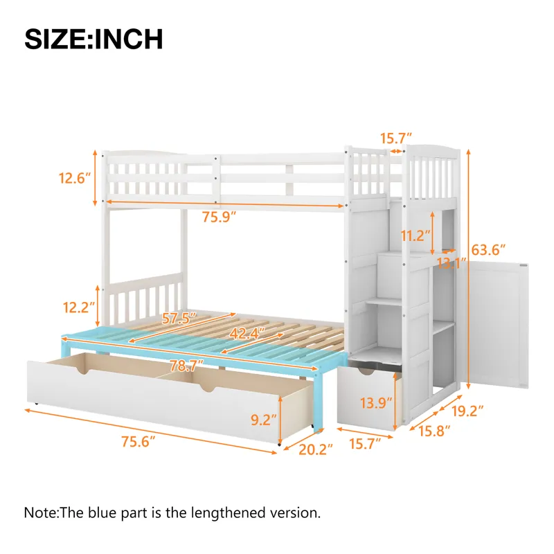 Twin Over Full / Twin Bunk Bed, Convertible Bottom Bed, Storage Shelves And Drawers - White