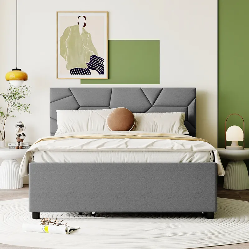 Full Size Upholstered Platform Bed With Brick Pattern Headboard And Twin Size Trundle, Linen - Gray