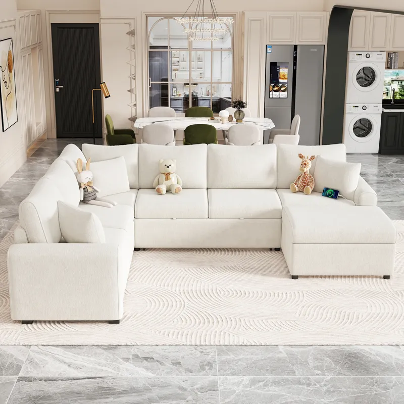 Sectional Sofa Pull-Out Sofa Bed Sleeper With A Storage Ottoman, Three Pillows And Charging Devices 