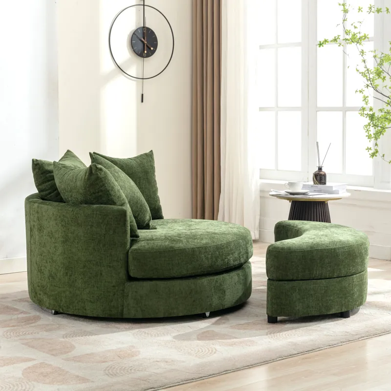 360° Swivel Accent Barrel Chair With Storage Ottoman & 4 Pillows, Modern Chenille Leisure Chair Roun