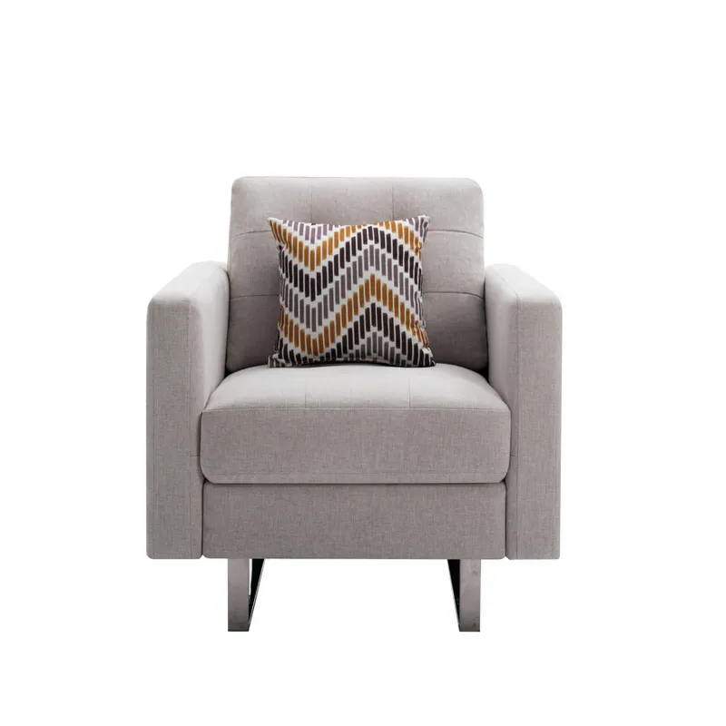 Victoria - Linen Fabric Armchair With Metal Legs, Side Pockets, And Pillow - Beige