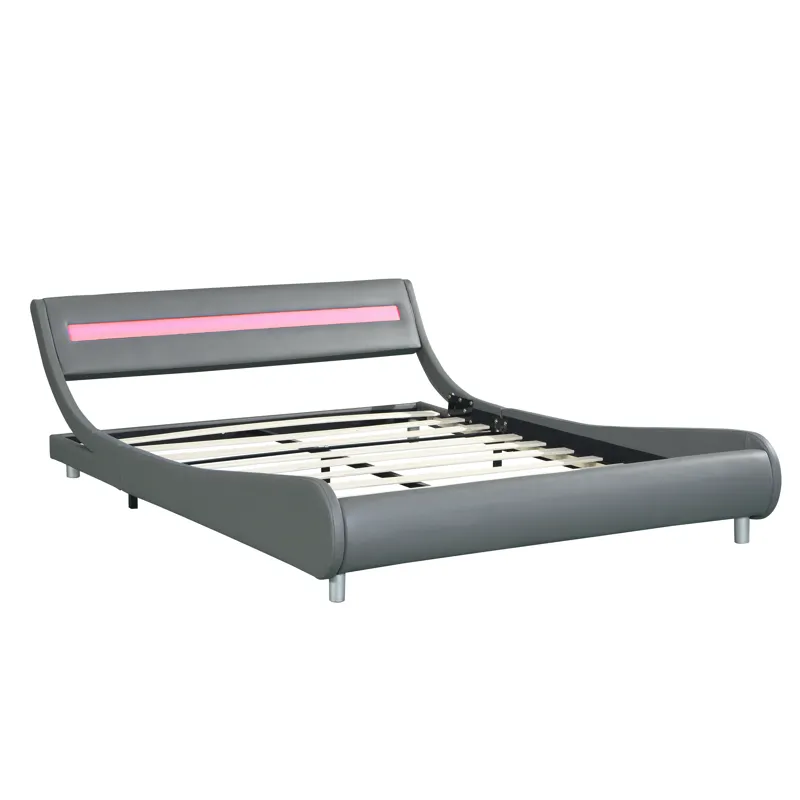 Queen Size Upholstered Platform Bed Frame With LED Lighting, Curve Design, Wood Slat Support, No Box
