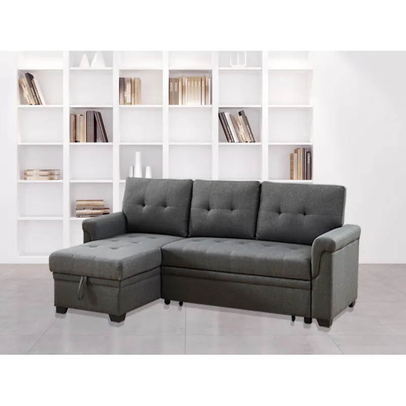 Destiny - Linen Reversible Sleeper Sectional Sofa With Storage Chaise - Dark Gray
