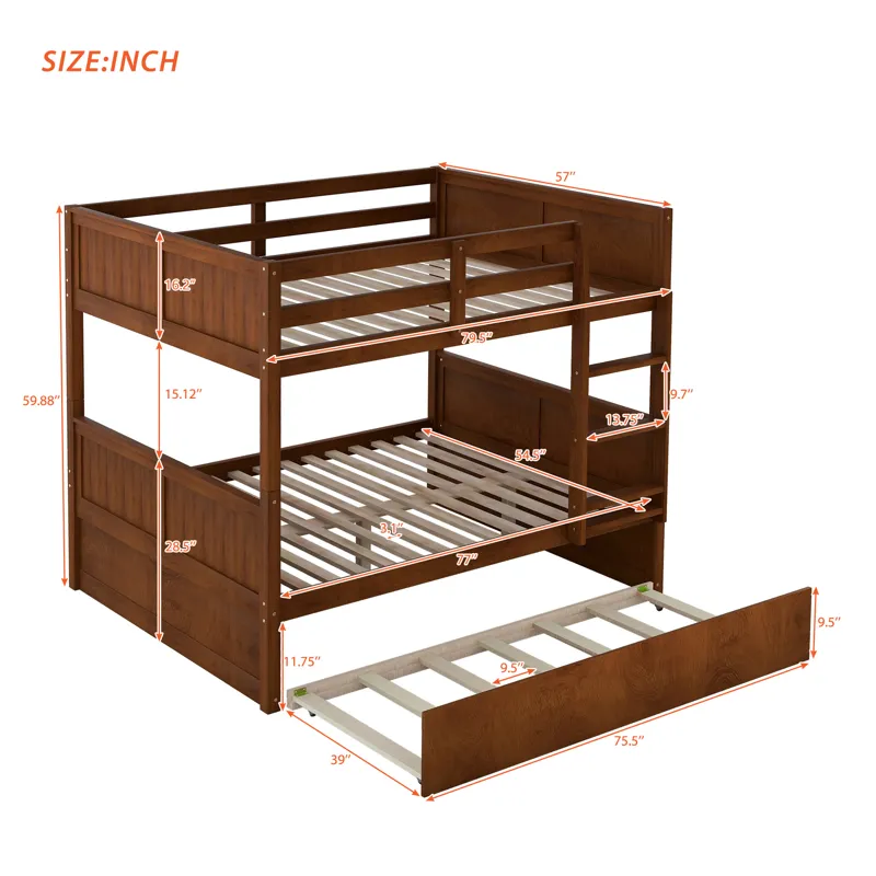 Full Over Full Bunk Bed With Twin Size Trundle - Walnut