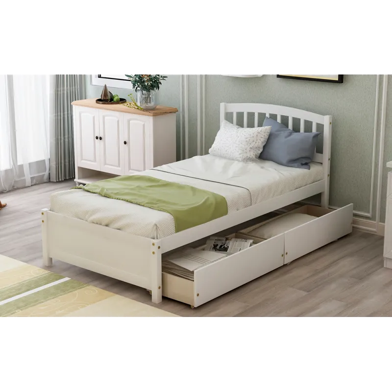 Twin Platform Storage Bed Wood Bed Frame With Two Drawers And Headboard - White