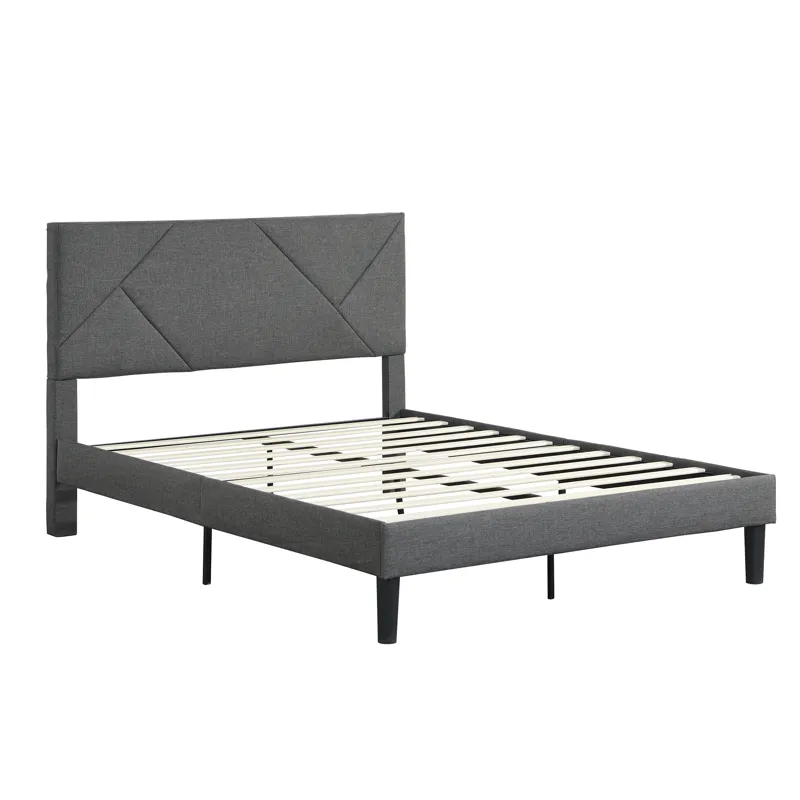 Queen Size Upholstered Platform Bed Frame With Headboard, Strong Wood Slat Support, Mattress Foundat
