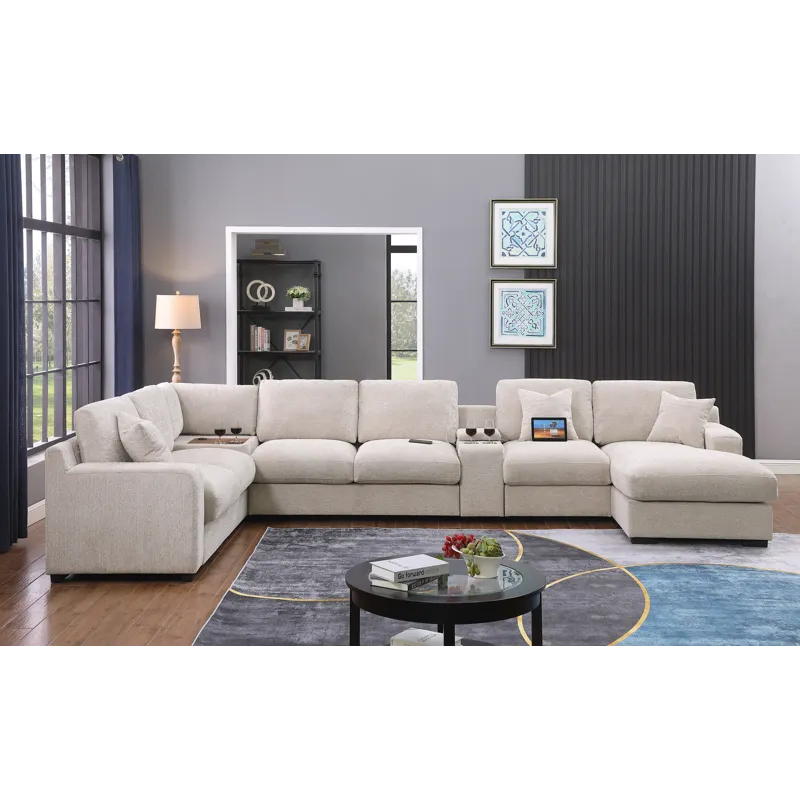 Celine - Chenille Fabric Corner Sectional Sofa With Right-Facing Chaise, Cupholders, And Charging Po