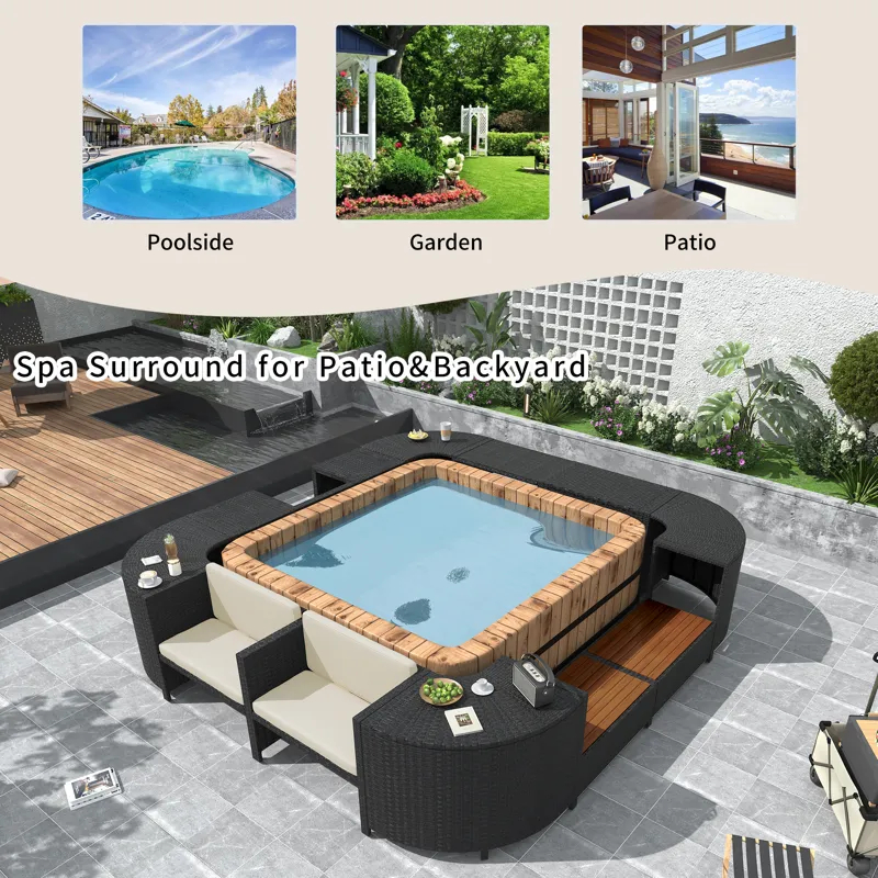 Spa Surround Spa Frame Quadrilateral Outdoor Rattan Sectional Sofa Set With Mini Sofa, Wooden Seats 