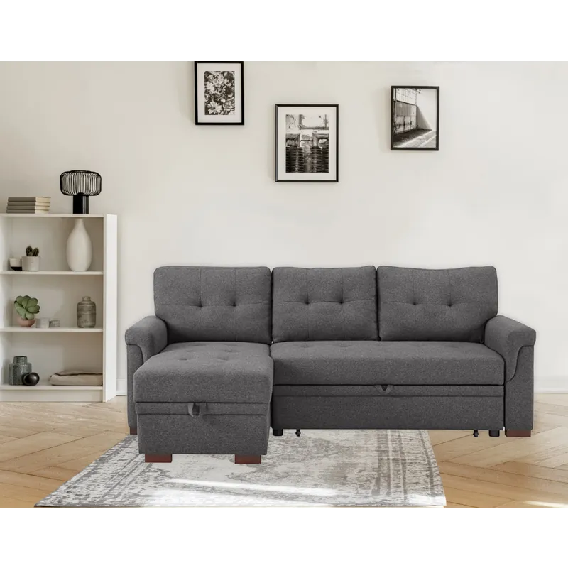 Sierra - Linen Reversible Sleeper Sectional Sofa With Storage Chaise - Dark Gray