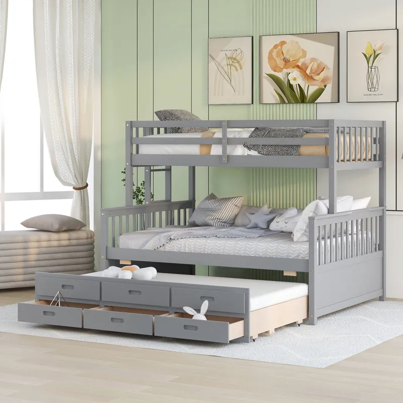 Twin Over Full Bunk Bed With Twin Size Trundle, Separable Bunk Bed With Drawers For Bedroom - Gray