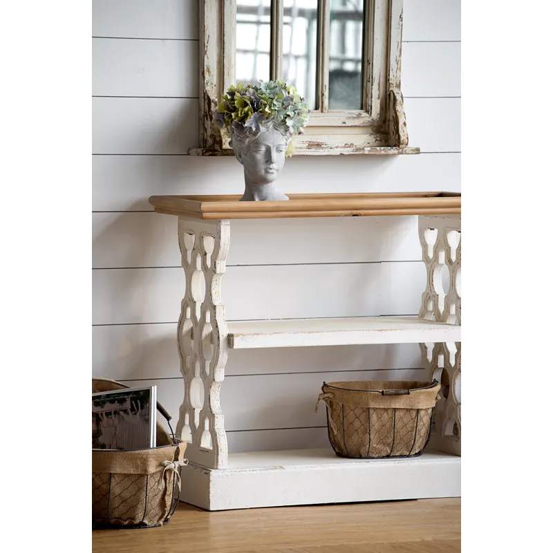 Distressed Shelf Tray, French Country Console Table - White / Natural