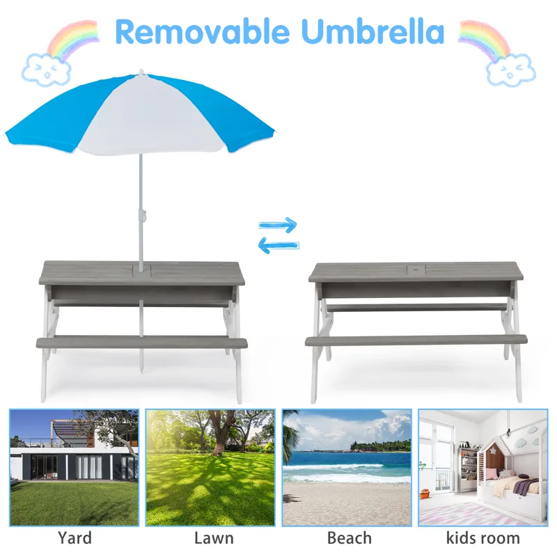 3-In-1 Kids Outdoor Wooden Picnic Table With Umbrella, Convertible Sand & Water, ASTM & CPSIA Certif