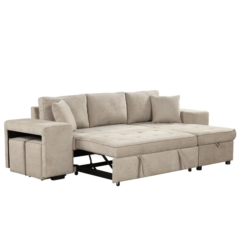 Modern L-Shape 3 Seat Reversible Sectional Couch, Pull Out Sleeper Sofa With Storage Chaise And 2 St
