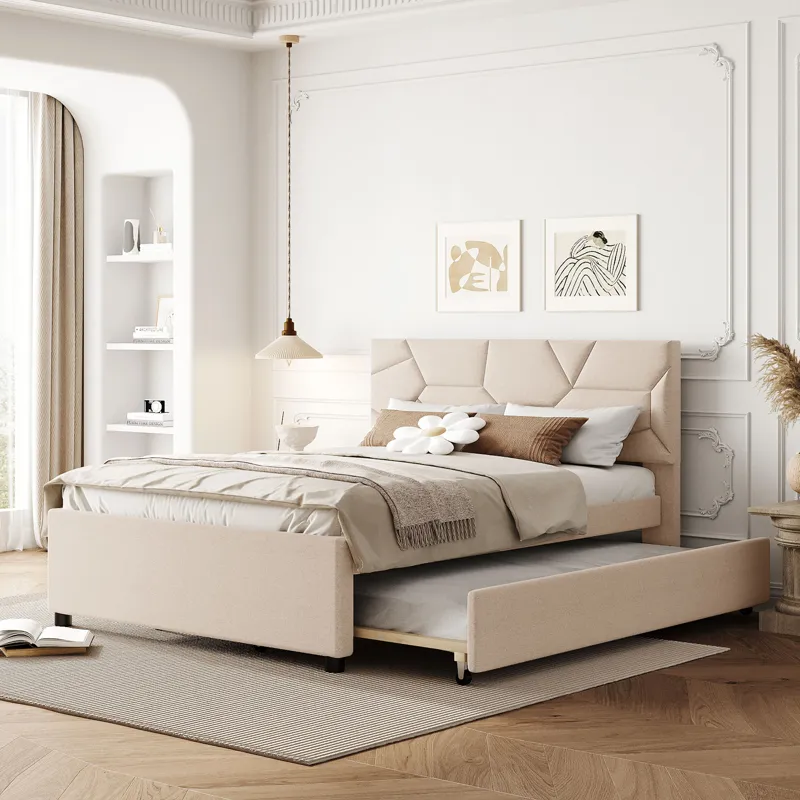 Full Size Upholstered Platform Bed With Brick Pattern Headboard And Twin Size Trundle, Linen - Beige