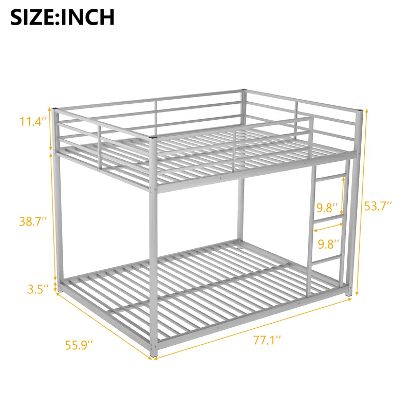 Full Over Full Metal Bunk Bed, Low Bunk Bed With Ladder - Silver