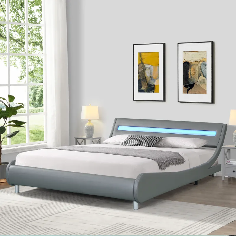 Queen Size Upholstered Platform Bed Frame With LED Lighting, Curve Design, Wood Slat Support, No Box