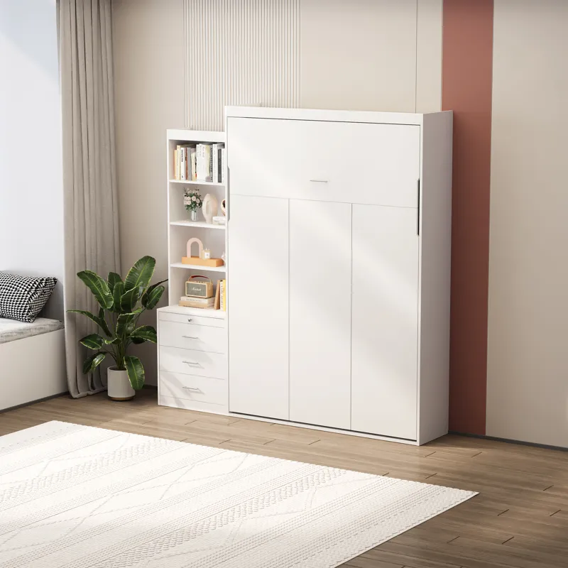 Morden Deisgn Full Size Vertical Murphy Bed With Shelf And Drawers For Bedroom Or Guestroom Wall Bed
