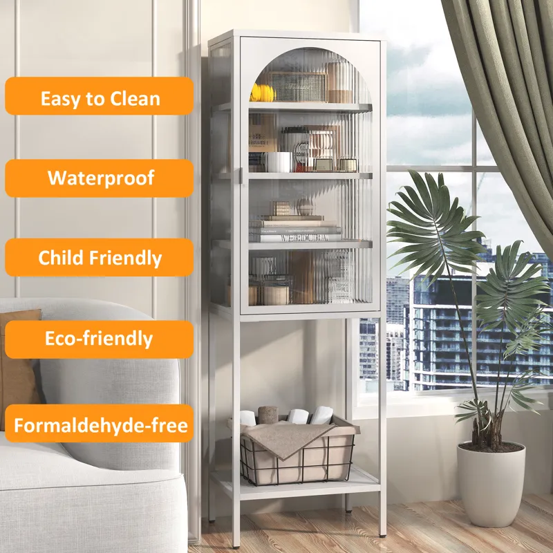 Metal Glass Door Display Storage Cabinet - 5 Tier Cube Bookshelf Storage Cabinet With 3 Adjustable S