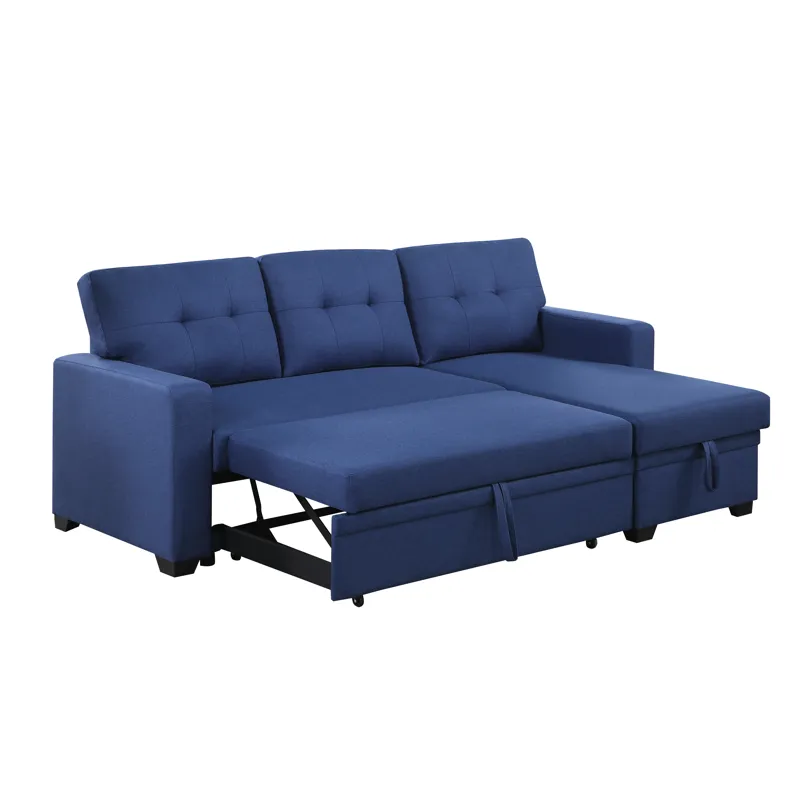 Upholstered Pull Out Sectional Sofa With Chaise - Blue