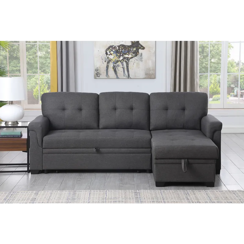 Lucca - Linen Reversible Sleeper Sectional Sofa With Storage Chaise - Dark Gray