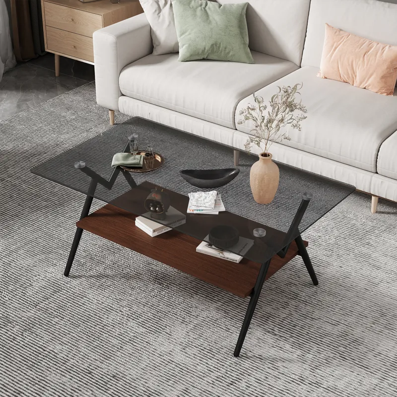 Rectangle Coffee Table With Tempered Glass Top And Brown MDF Shelf, Modern Table For Living Room - G