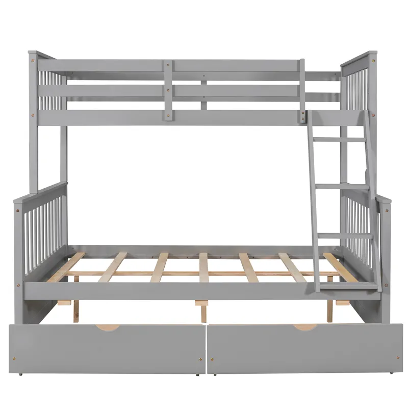 Twin Over Full Bunk Bed With Ladders And Two Storage Drawers - Gray