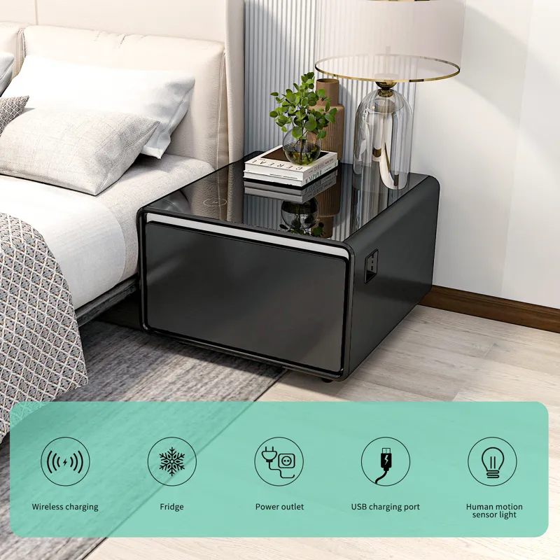 Modern Smart Side Table With Built-In Fridge, Wireless Charging, Temperature Control, Power Socket, 