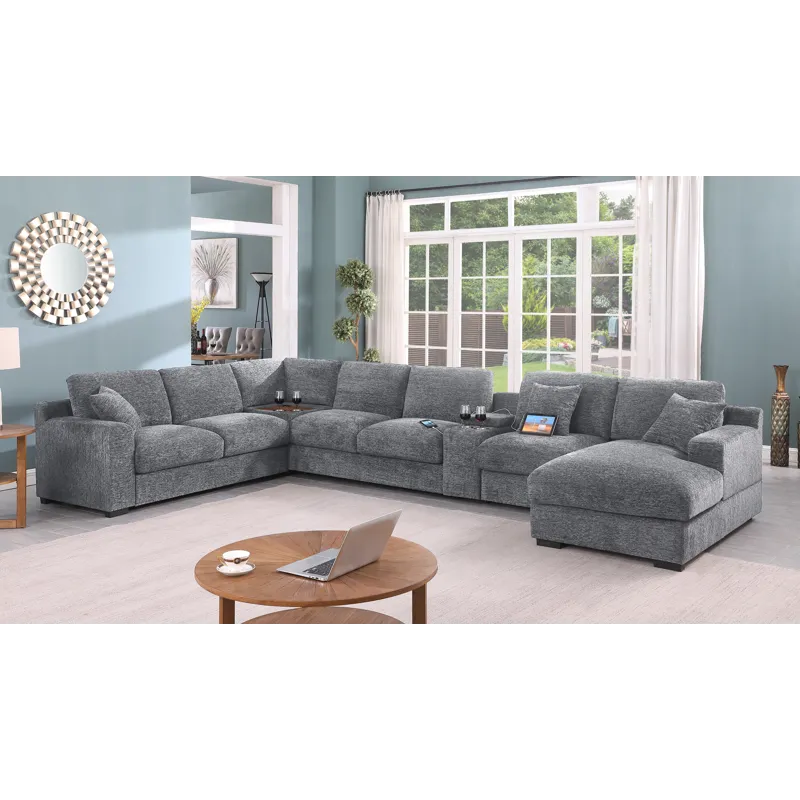 Celine - Chenille Fabric Corner Sectional Sofa With Right-Facing Chaise, Cupholders, And Charging Po