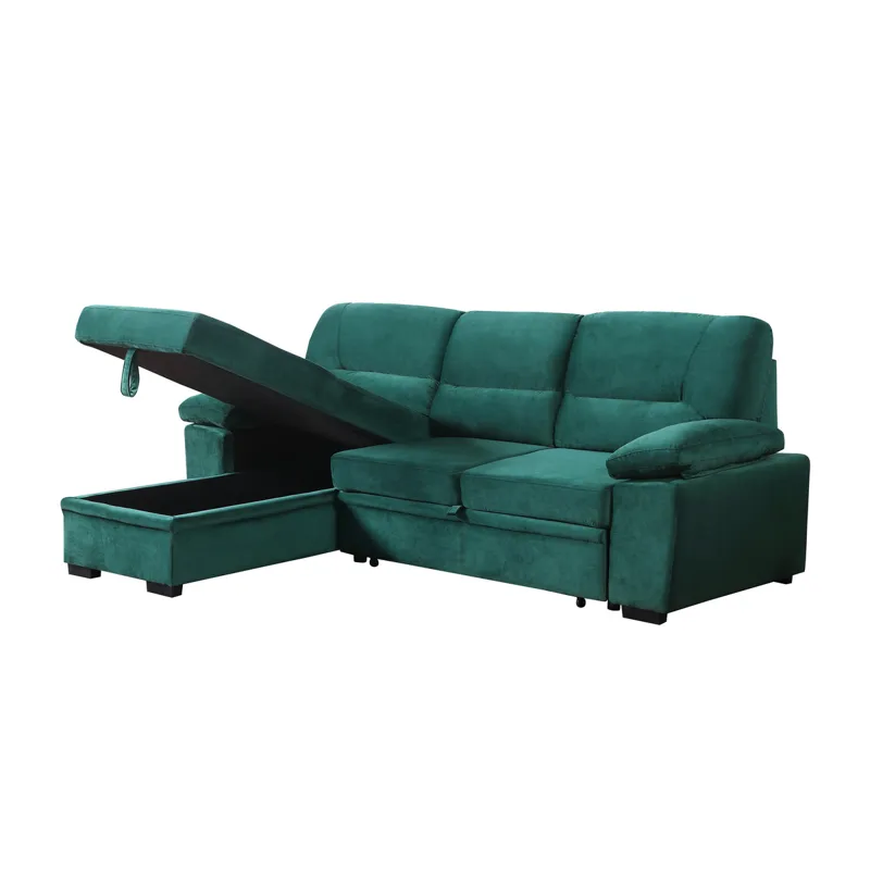 Kipling - Velvet Fabric Reversible Sleeper Sectional Sofa Chaise - Green