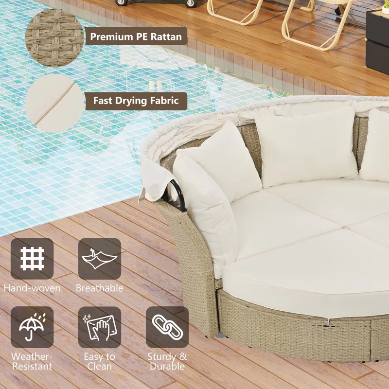 Outdoor Patio Daybed Wicker Rattan Double Daybed Round Sofa Furniture Set With Retractable Canopy, 4