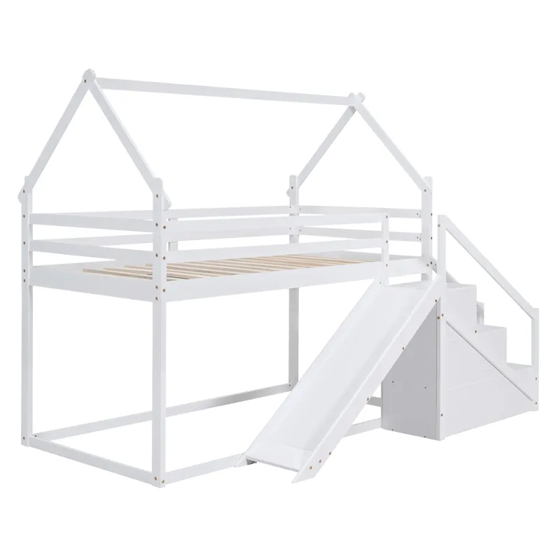 Twin Over Twin House Loft Or Bunk Bed With Slide And Staircase - White