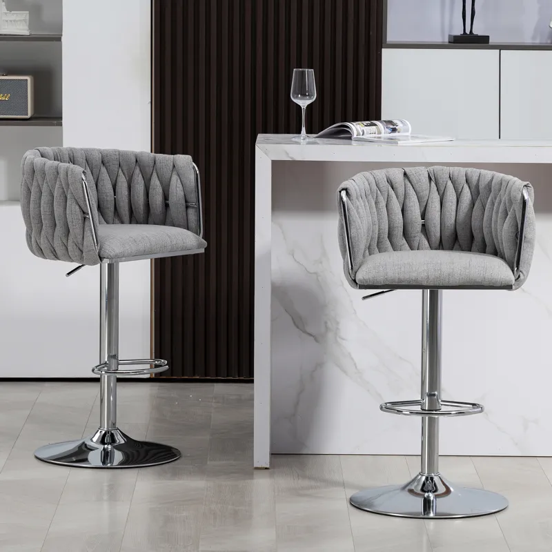 360 Degree Swivel Bar Stools Adjustable Counter Height Bar Chairs With Woven Back & Footrest, Silver
