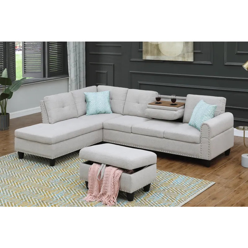 Alger - 98" Wide Left Hand Facing Sofa & Chaise With Ottoman - Light Gray